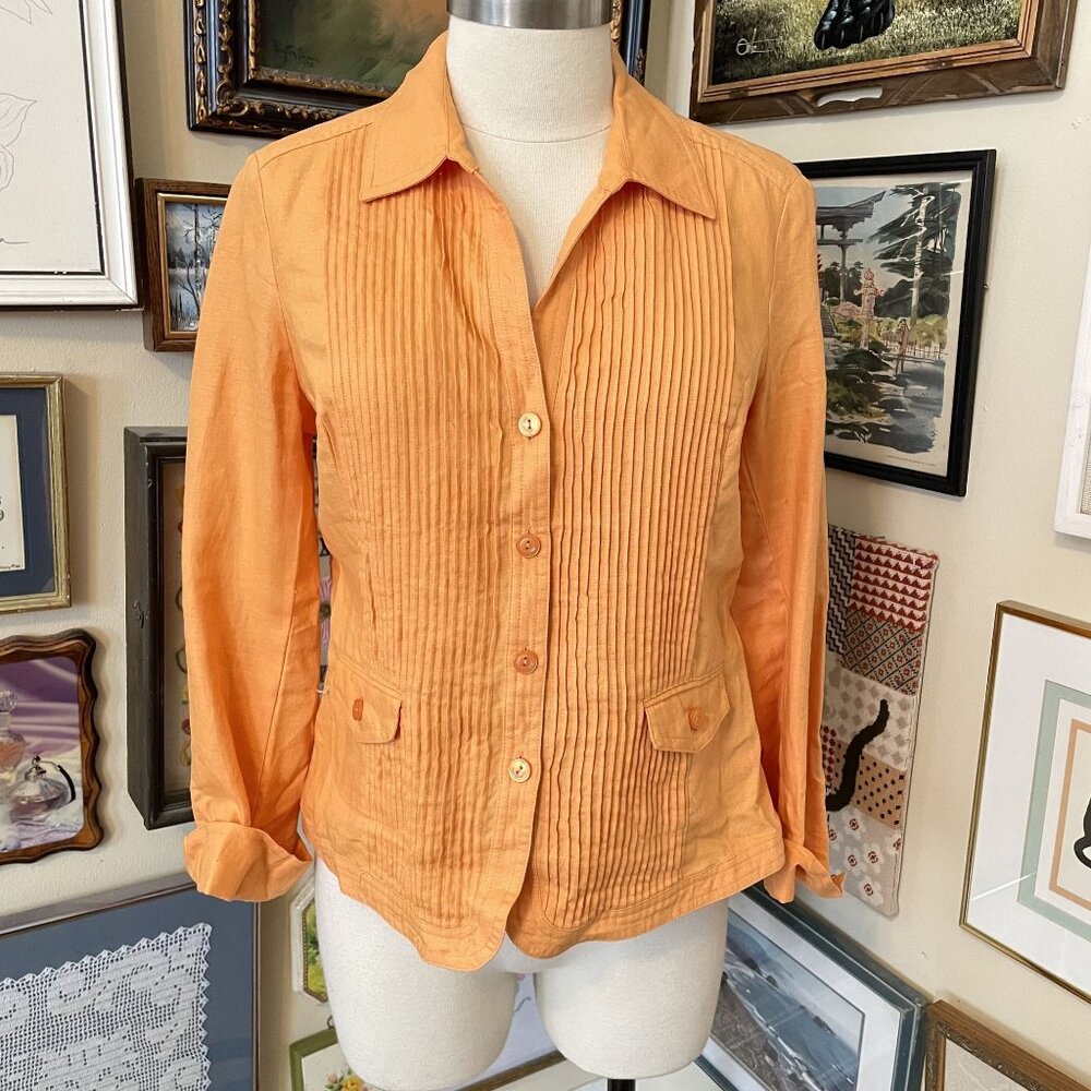 Jones New York Collection Womens Orange Pleated Linen Blazer Jacket Size 12